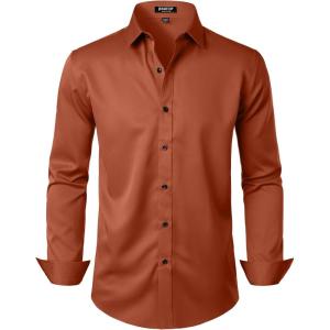 JEMITOP Men’s Stretch Wrinkle Free Dress Shirt Formal Prom Wedding Long Sleeve Button Down Shirts(Burnt Orange)