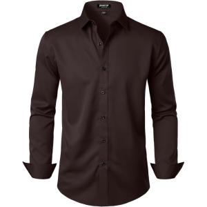 JEMITOP Men’s Stretch Wrinkle Free Dress Shirt Formal Prom Wedding Long Sleeve Button Down Shirts(Coffee Brown)