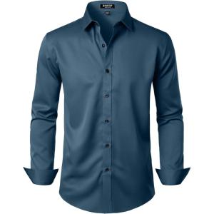 JEMITOP Men’s Stretch Wrinkle Free Dress Shirt Formal Prom Wedding Long Sleeve Button Down Shirts(Dark Blue)