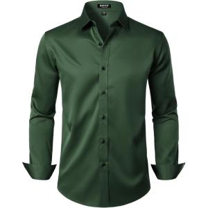 JEMITOP Men’s Stretch Wrinkle Free Dress Shirt Formal Prom Wedding Long Sleeve Button Down Shirts(Dark Green)