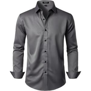 JEMITOP Men’s Stretch Wrinkle Free Dress Shirt Formal Prom Wedding Long Sleeve Button Down Shirts(Dark Grey)
