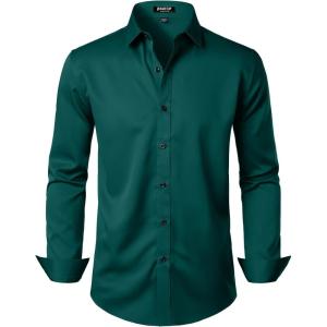 JEMITOP Men’s Stretch Wrinkle Free Dress Shirt Formal Prom Wedding Long Sleeve Button Down Shirts(Emerald Green)