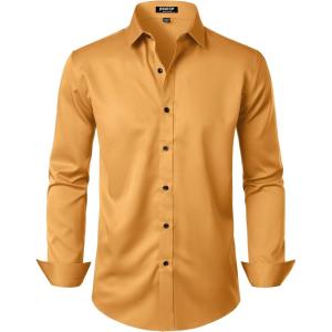 JEMITOP Men’s Stretch Wrinkle Free Dress Shirt Formal Prom Wedding Long Sleeve Button Down Shirts(Gold)