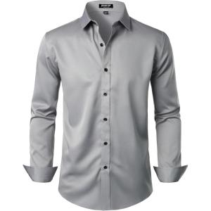 JEMITOP Men’s Stretch Wrinkle Free Dress Shirt Formal Prom Wedding Long Sleeve Button Down Shirts(Grey)