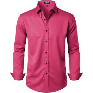 JEMITOP Men’s Stretch Wrinkle Free Dress Shirt Formal Prom Wedding Long Sleeve Button Down Shirts(Hot Pink)