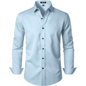 JEMITOP Men’s Stretch Wrinkle Free Dress Shirt Formal Prom Wedding Long Sleeve Button Down Shirts(Light Blue)