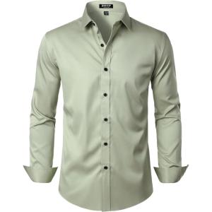 JEMITOP Men’s Stretch Wrinkle Free Dress Shirt Formal Prom Wedding Long Sleeve Button Down Shirts(Mint Green)
