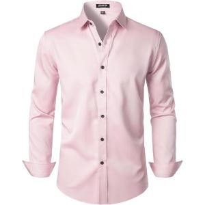 JEMITOP Men’s Stretch Wrinkle Free Dress Shirt Formal Prom Wedding Long Sleeve Button Down Shirts(Pink)