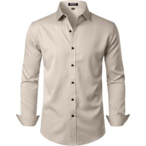 JEMITOP Men’s Stretch Wrinkle Free Dress Shirt Formal Prom Wedding Long Sleeve Button Down Shirts(Tan)