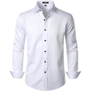 JEMITOP Men’s Stretch Wrinkle Free Dress Shirt Formal Prom Wedding Long Sleeve Button Down Shirts(White)