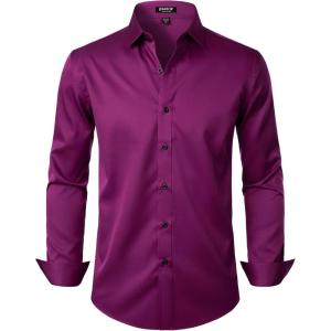 JEMITOP Men’s Stretch Wrinkle Free Dress Shirt Formal Prom Wedding Long Sleeve Button Down Shirts(Wine Red)