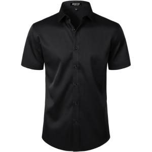 JEMITOP Men’s Stretch Wrinkle Free Dress Shirts Formal Wedding Prom Short Sleeve Slim Fit Button Down Shirt(Black)