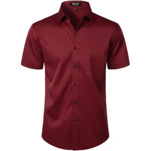JEMITOP Men’s Stretch Wrinkle Free Dress Shirts Formal Wedding Prom Short Sleeve Slim Fit Button Down Shirt(Burgundy)