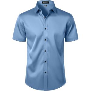 JEMITOP Men’s Stretch Wrinkle Free Dress Shirts Formal Wedding Prom Short Sleeve Slim Fit Button Down Shirt(Classic Blue)