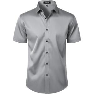 JEMITOP Men’s Stretch Wrinkle Free Dress Shirts Formal Wedding Prom Short Sleeve Slim Fit Button Down Shirt(Grey)