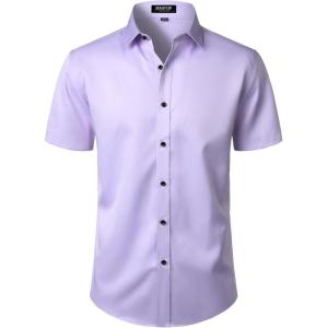 JEMITOP Men’s Stretch Wrinkle Free Dress Shirts Formal Wedding Prom Short Sleeve Slim Fit Button Down Shirt(Lavender Purple)