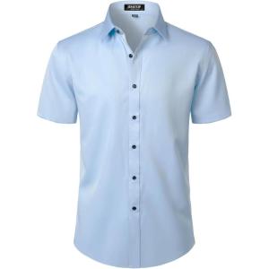 JEMITOP Men’s Stretch Wrinkle Free Dress Shirts Formal Wedding Prom Short Sleeve Slim Fit Button Down Shirt(Light Blue)
