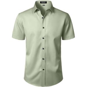 JEMITOP Men’s Stretch Wrinkle Free Dress Shirts Formal Wedding Prom Short Sleeve Slim Fit Button Down Shirt(Mint Green)