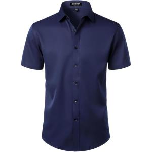 JEMITOP Men’s Stretch Wrinkle Free Dress Shirts Formal Wedding Prom Short Sleeve Slim Fit Button Down Shirt(Navy)