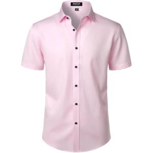 JEMITOP Men’s Stretch Wrinkle Free Dress Shirts Formal Wedding Prom Short Sleeve Slim Fit Button Down Shirt(Pink)