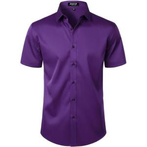 JEMITOP Men’s Stretch Wrinkle Free Dress Shirts Formal Wedding Prom Short Sleeve Slim Fit Button Down Shirt(Purple)