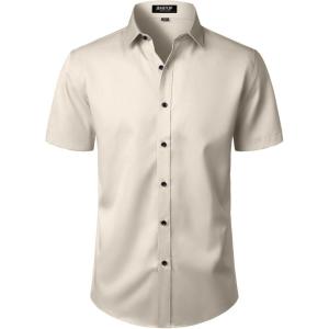 JEMITOP Men’s Stretch Wrinkle Free Dress Shirts Formal Wedding Prom Short Sleeve Slim Fit Button Down Shirt(Tan)