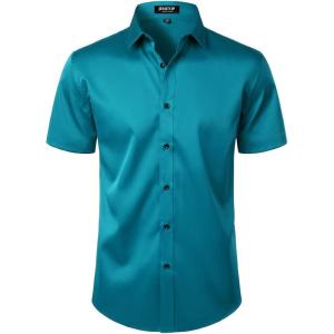 JEMITOP Men’s Stretch Wrinkle Free Dress Shirts Formal Wedding Prom Short Sleeve Slim Fit Button Down Shirt(Teal)