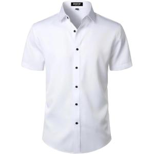 JEMITOP Men’s Stretch Wrinkle Free Dress Shirts Formal Wedding Prom Short Sleeve Slim Fit Button Down Shirt(White)