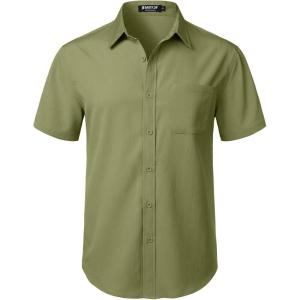 JEMITOP Men’s Stretch Wrinkle Free Short Sleeve Texture Shirt Lightweight Summer Button Down Shirts for Beach Vacation(Army Green)
