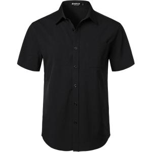 JEMITOP Men’s Stretch Wrinkle Free Short Sleeve Texture Shirt Lightweight Summer Button Down Shirts for Beach Vacation(Black)