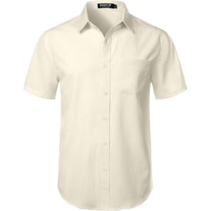JEMITOP Men’s Stretch Wrinkle Free Short Sleeve Texture Shirt Lightweight Summer Button Down Shirts for Beach Vacation(Cream White)
