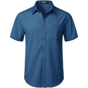 JEMITOP Men’s Stretch Wrinkle Free Short Sleeve Texture Shirt Lightweight Summer Button Down Shirts for Beach Vacation(Dark Blue)