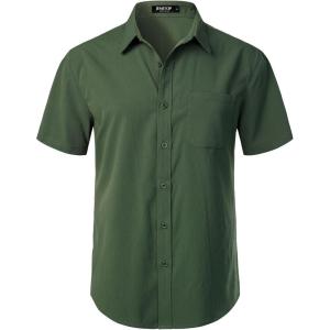 JEMITOP Men’s Stretch Wrinkle Free Short Sleeve Texture Shirt Lightweight Summer Button Down Shirts for Beach Vacation(Dark Green)