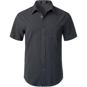 JEMITOP Men’s Stretch Wrinkle Free Short Sleeve Texture Shirt Lightweight Summer Button Down Shirts for Beach Vacation(Dark Grey)