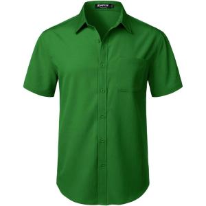 JEMITOP Men’s Stretch Wrinkle Free Short Sleeve Texture Shirt Lightweight Summer Button Down Shirts for Beach Vacation(Green)