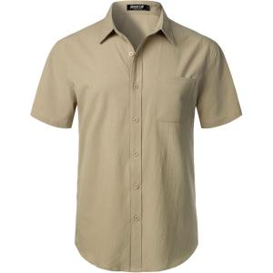 JEMITOP Men’s Stretch Wrinkle Free Short Sleeve Texture Shirt Lightweight Summer Button Down Shirts for Beach Vacation(Khaki)