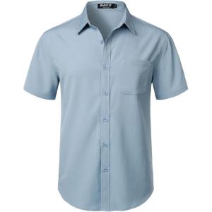 JEMITOP Men’s Stretch Wrinkle Free Short Sleeve Texture Shirt Lightweight Summer Button Down Shirts for Beach Vacation(Light Blue)