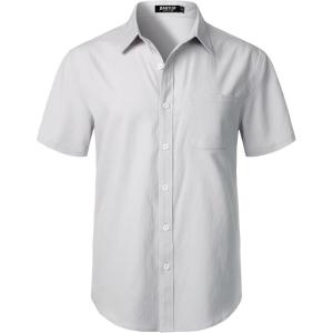JEMITOP Men’s Stretch Wrinkle Free Short Sleeve Texture Shirt Lightweight Summer Button Down Shirts for Beach Vacation(Light Grey)