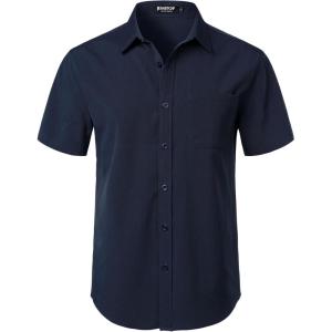 JEMITOP Men’s Stretch Wrinkle Free Short Sleeve Texture Shirt Lightweight Summer Button Down Shirts for Beach Vacation(Navy Blue)