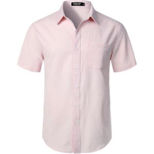 JEMITOP Men’s Stretch Wrinkle Free Short Sleeve Texture Shirt Lightweight Summer Button Down Shirts for Beach Vacation(Pink)