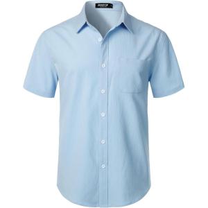 JEMITOP Men’s Stretch Wrinkle Free Short Sleeve Texture Shirt Lightweight Summer Button Down Shirts for Beach Vacation(Sky Blue)