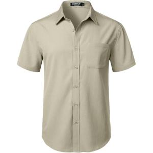 JEMITOP Men’s Stretch Wrinkle Free Short Sleeve Texture Shirt Lightweight Summer Button Down Shirts for Beach Vacation(Tan)