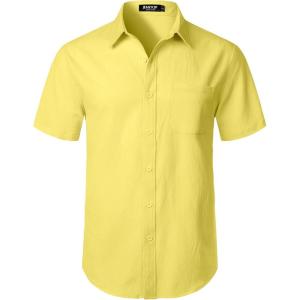 JEMITOP Men’s Stretch Wrinkle Free Short Sleeve Texture Shirt Lightweight Summer Button Down Shirts for Beach Vacation(Yellow)
