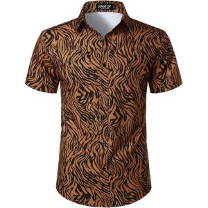 JEMITOP Men’s Stretchy Causal Leopard Cheetah Print Short Sleeve Slim Fit Button Up Shirt(Brown Zebra)