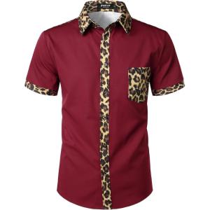 JEMITOP Men’s Stretchy Causal Leopard Cheetah Print Short Sleeve Slim Fit Button Up Shirt(Burgundy Leopard)