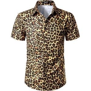 JEMITOP Men’s Stretchy Causal Leopard Cheetah Print Short Sleeve Slim Fit Button Up Shirt(Gold)