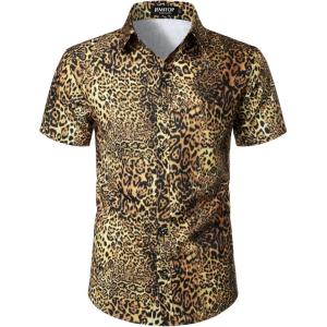 JEMITOP Men’s Stretchy Causal Leopard Cheetah Print Short Sleeve Slim Fit Button Up Shirt(Gold Cheetah)