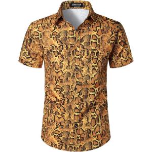 JEMITOP Men’s Stretchy Causal Leopard Cheetah Print Short Sleeve Slim Fit Button Up Shirt(Gold Snake)