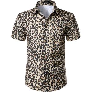 JEMITOP Men’s Stretchy Causal Leopard Cheetah Print Short Sleeve Slim Fit Button Up Shirt(Khaki)