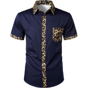 JEMITOP Men’s Stretchy Causal Leopard Cheetah Print Short Sleeve Slim Fit Button Up Shirt(Navy Leopard)